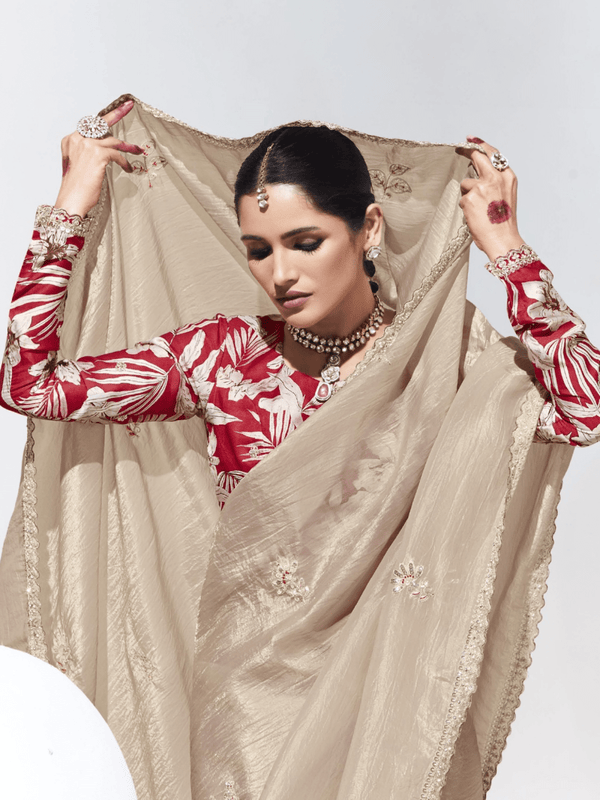Champagne Beige Embroidered Designer Tissue Silk Saree
