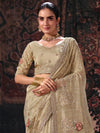 Champagne Beige Embroidered Designer Tissue Silk Saree, pallu and blouse