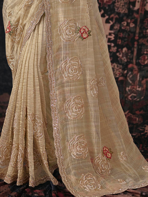 Champagne Beige Embroidered Designer Tissue Silk Saree, border and drape