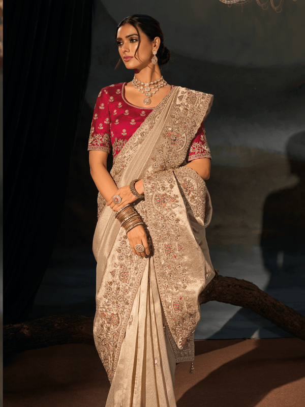 Champagne Embroidered Designer Tissue Silk Saree With Contrast Blouse