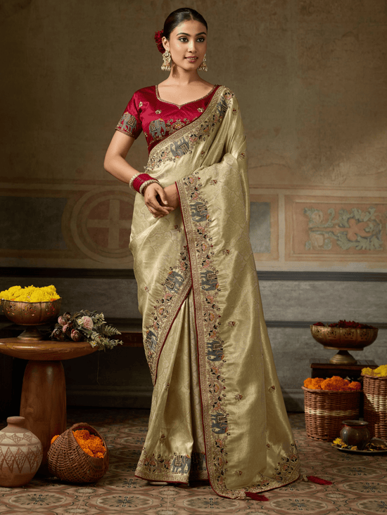 Champagne Gold Banarasi Satin Silk Saree With Contrast Blouse