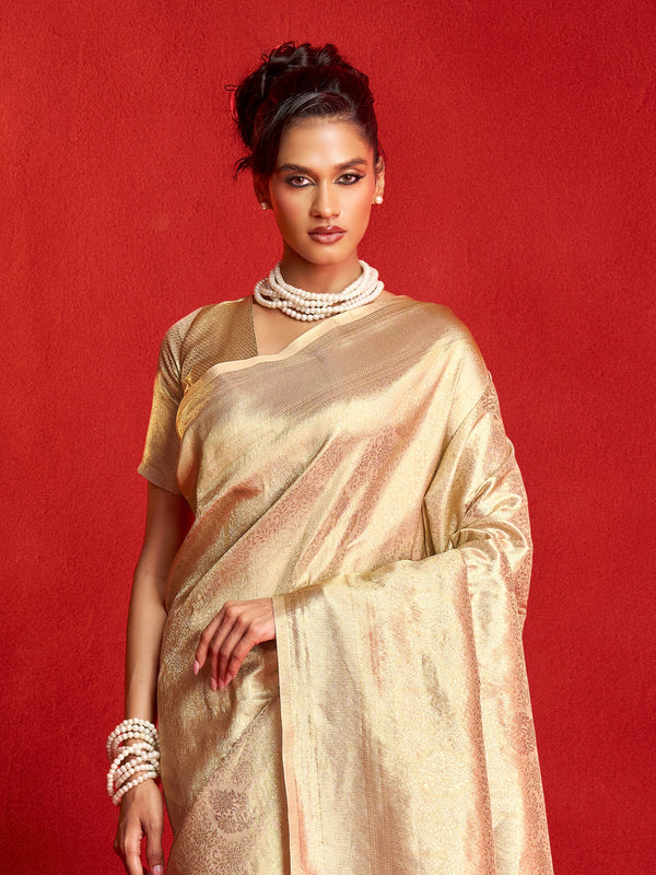 Champagne Gold Banarasi Tissue Silk Saree – pallu and blouse