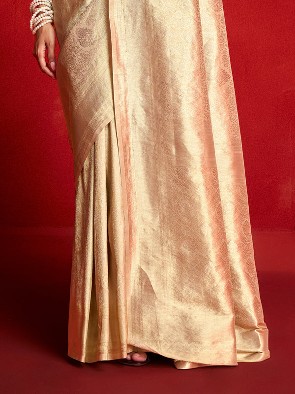 Champagne Gold Banarasi Tissue Silk Saree – border and drape