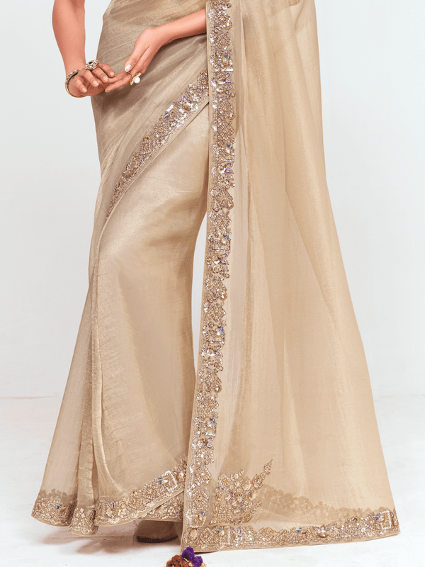 Champagne Gold Designer Tissue Silk Saree With Contrast Blouse