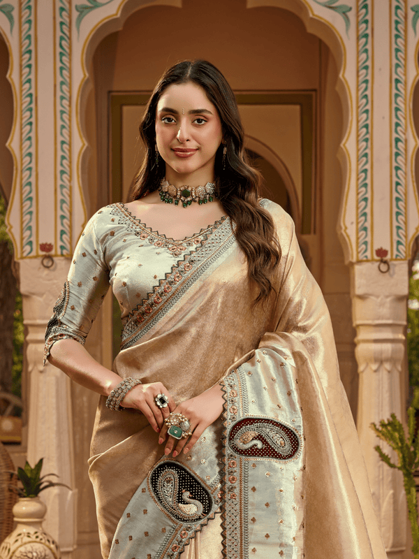 Champagne Gold Embroidered Designer Tissue Silk Saree