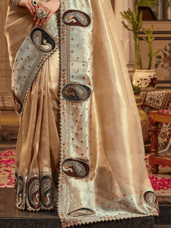 Champagne Gold Embroidered Designer Tissue Silk Saree