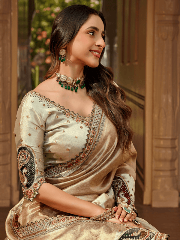 Champagne Gold Embroidered Designer Tissue Silk Saree