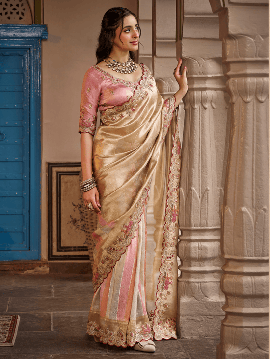 Champagne Gold Embroidered Designer Tissue Silk Saree