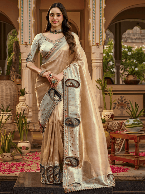 Champagne Gold Embroidered Designer Tissue Silk Saree