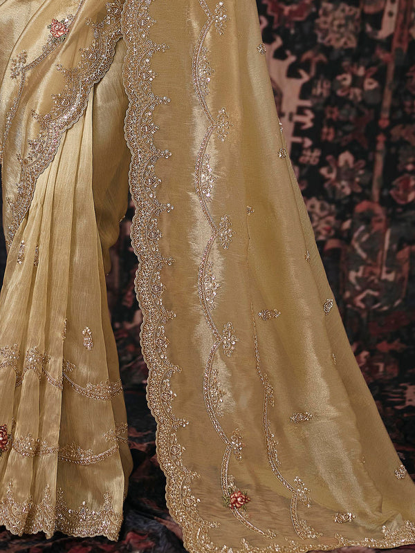 Champagne Gold Embroidered Designer Tissue Silk Saree, border and drape
