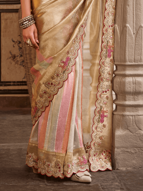 Champagne Gold Embroidered Designer Tissue Silk Saree