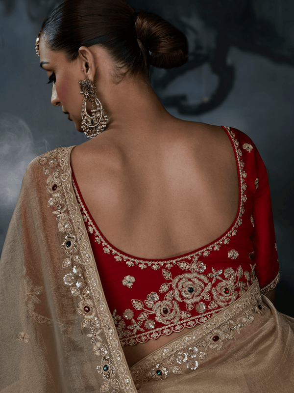 Champagne Gold Embroidered Designer Tissue Silk Saree With Contrast Blouse