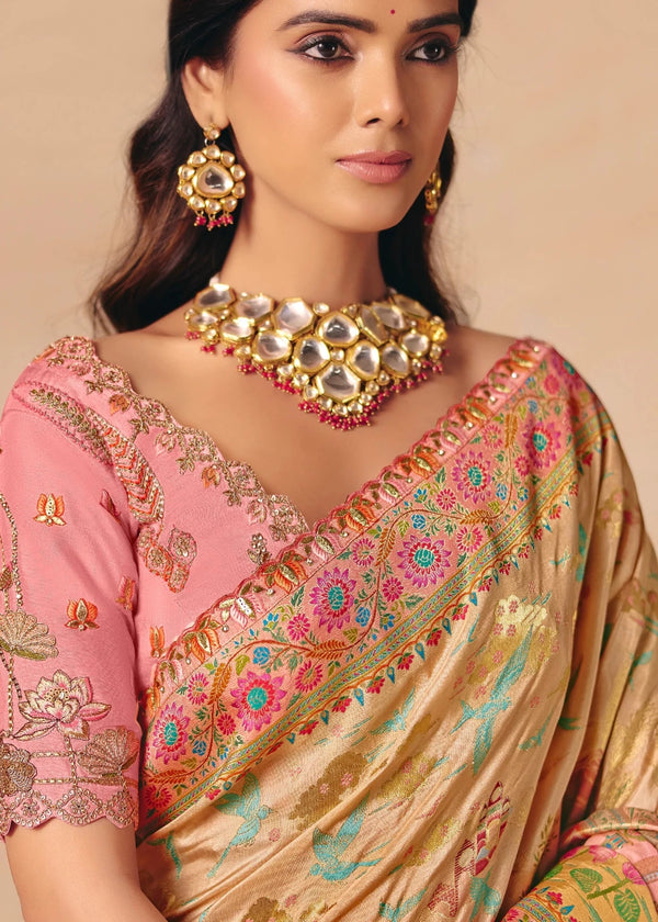 Champagne Gold Pichwai Designer Dola Silk Saree