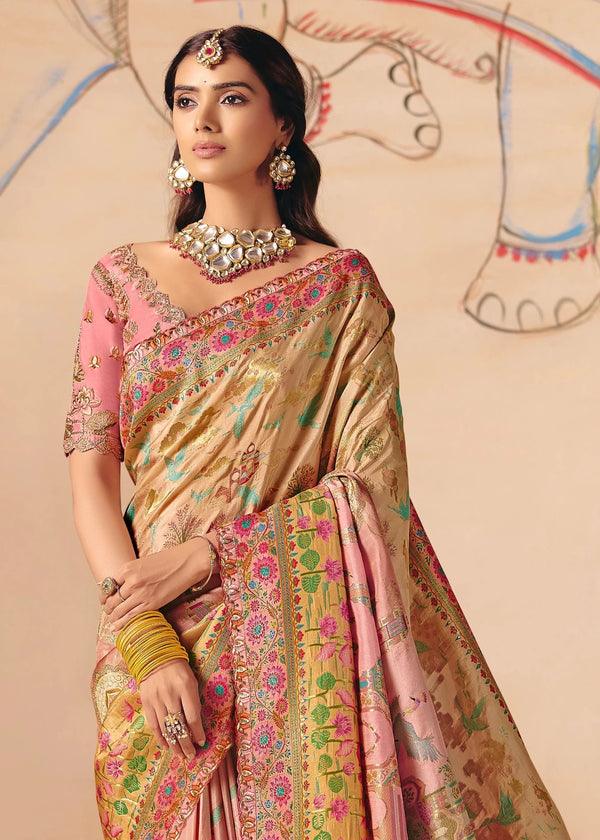 Champagne Gold Pichwai Designer Dola Silk Saree