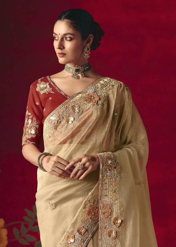 Champagne Ivory Designer Silk Saree with Contrast Blouse