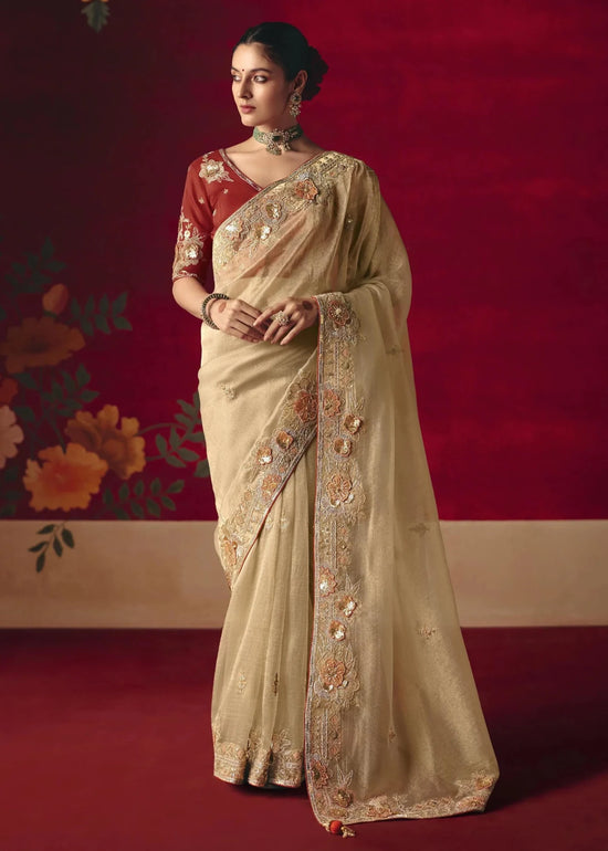 Champagne Ivory Designer Silk Saree with Contrast Blouse