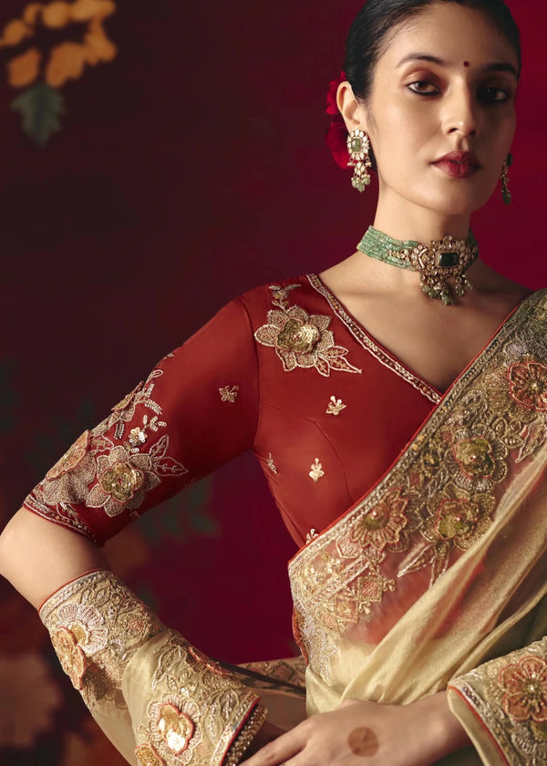 Champagne Ivory Designer Silk Saree with Contrast Blouse