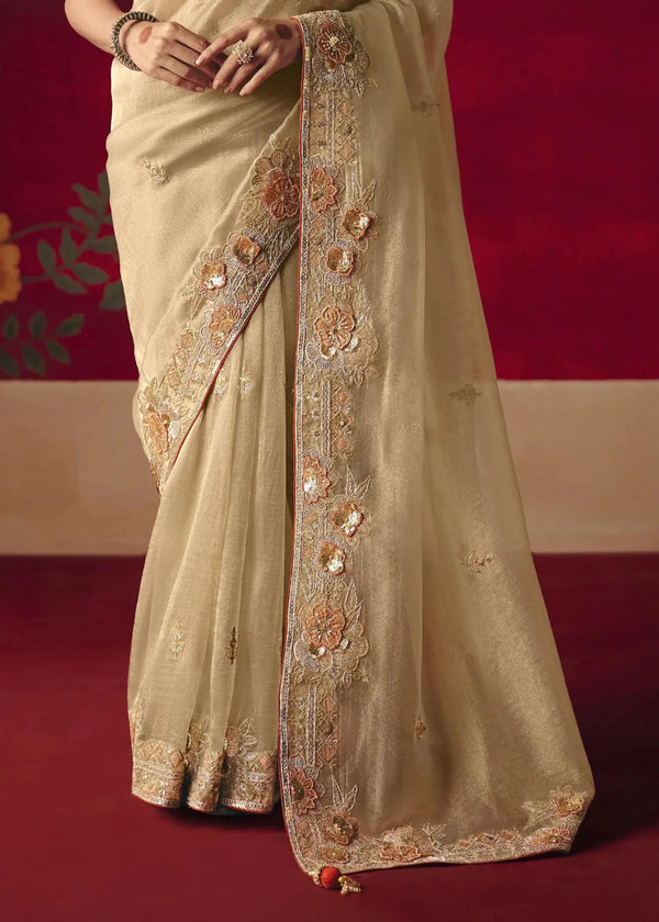 Champagne Ivory Designer Silk Saree with Contrast Blouse