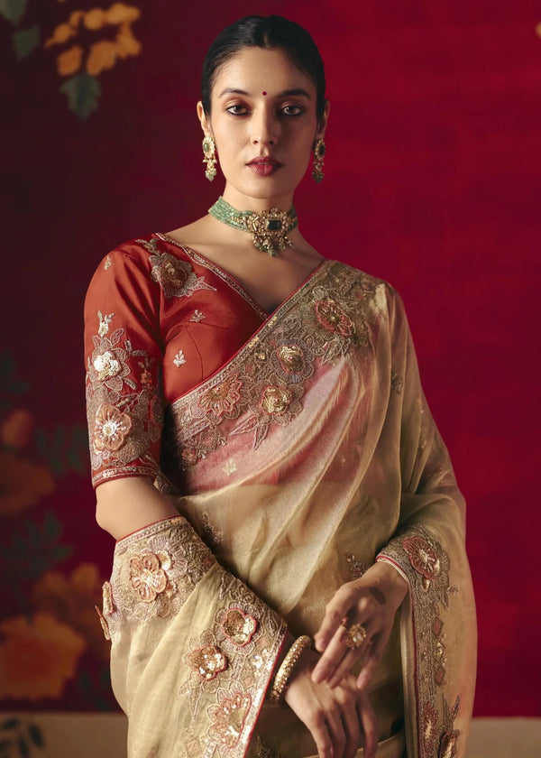 Champagne Ivory Designer Silk Saree with Contrast Blouse