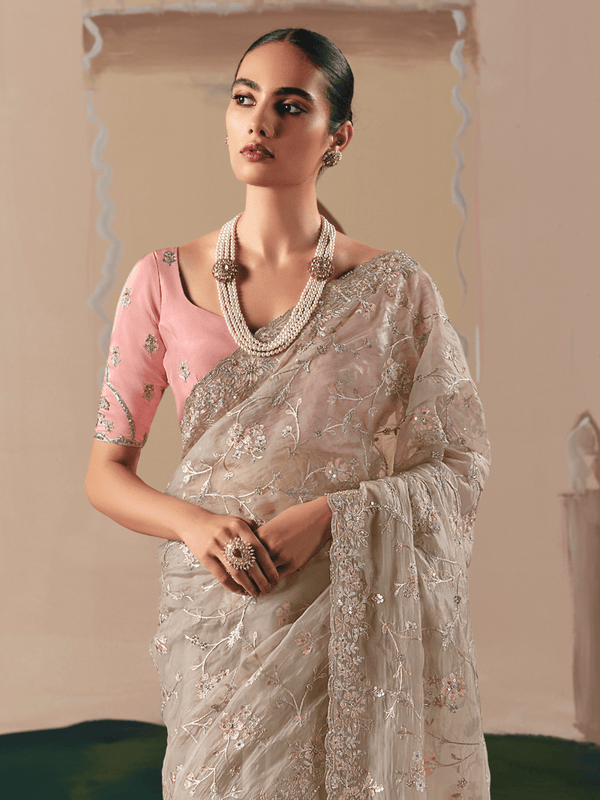 Champagne Organza Silk Saree