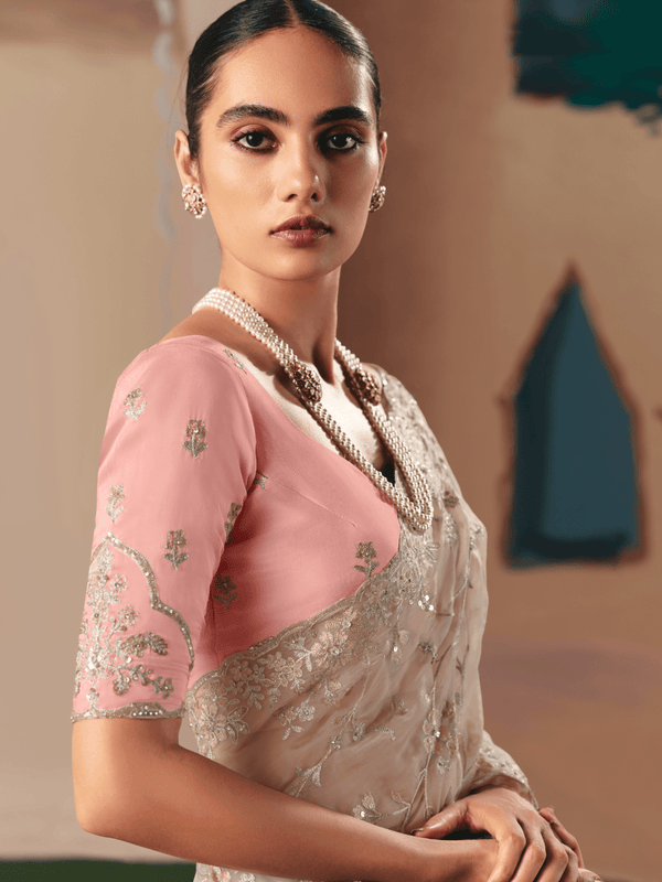 Champagne Organza Silk Saree
