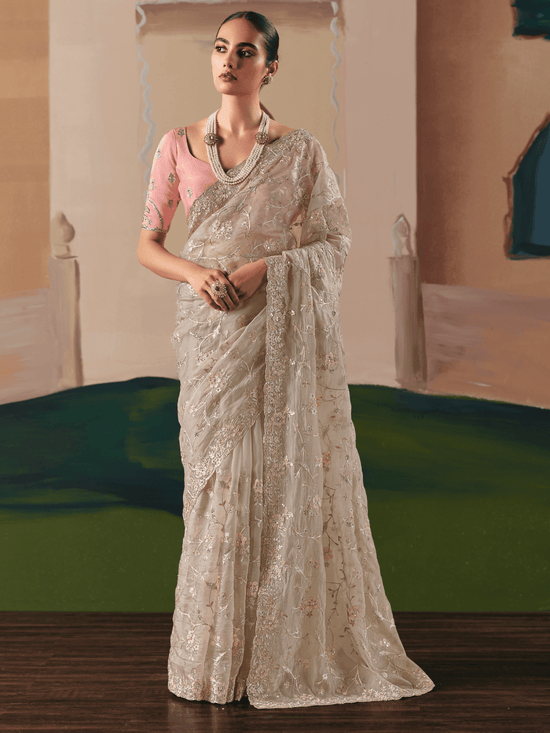 Champagne Organza Silk Saree