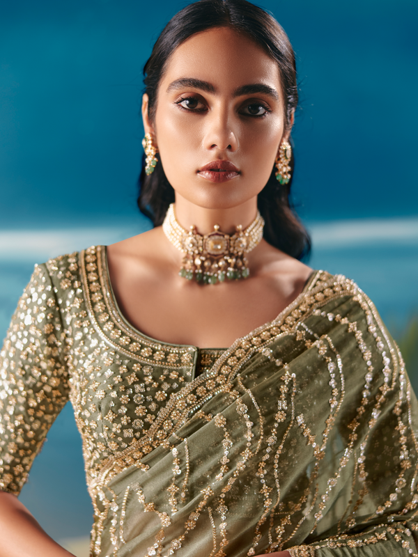 Sage Green Designer Organza Silk Saree