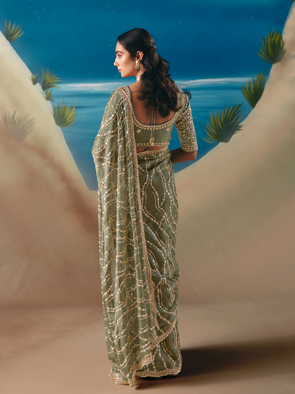 Sage Green Designer Organza Silk Saree