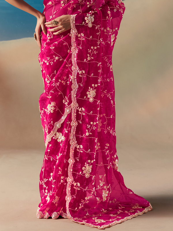 Rani Pink Designer Organza Silk Saree