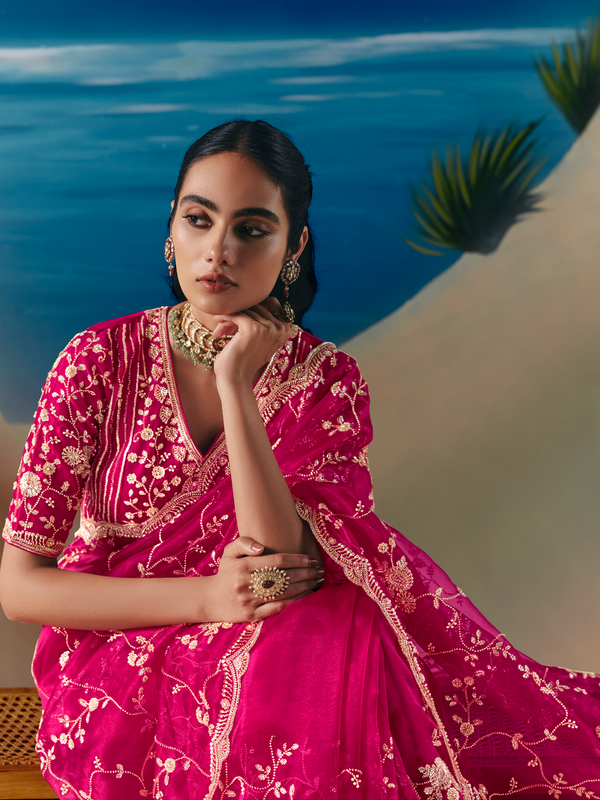 Rani Pink Designer Organza Silk Saree