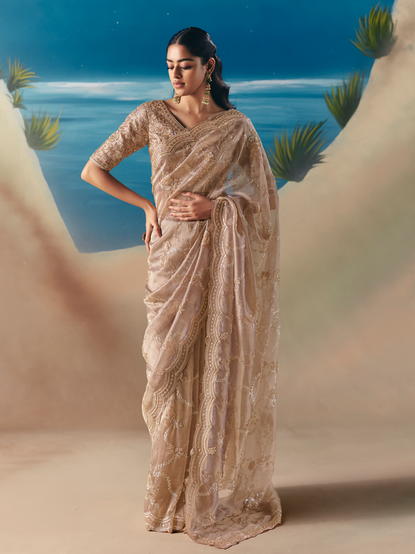 Beige Designer Organza Silk Saree