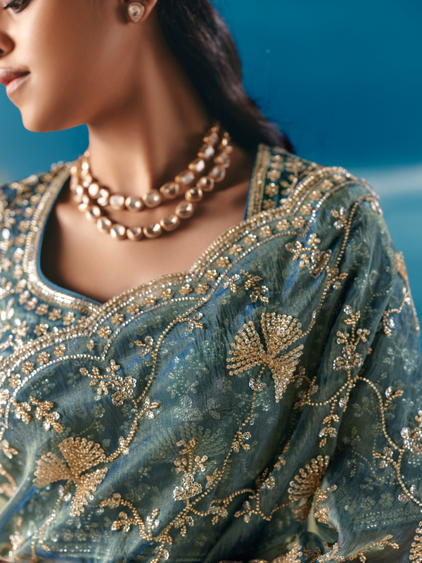 Teal Blue Designer Organza Silk Saree