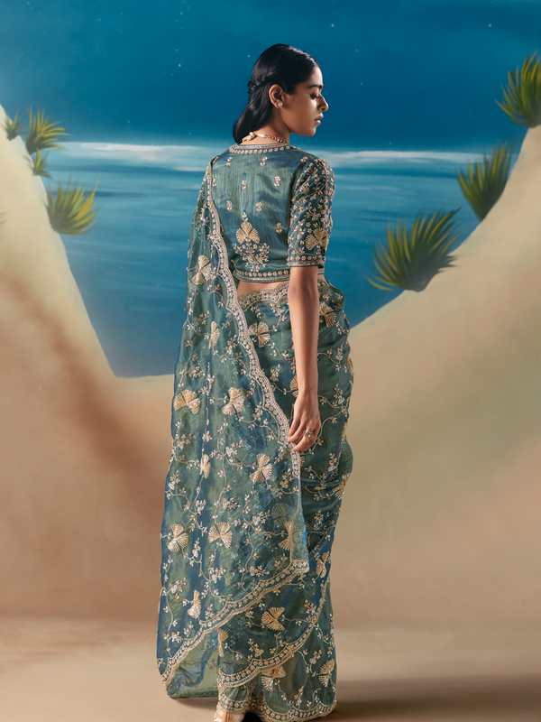 Teal Blue Designer Organza Silk Saree