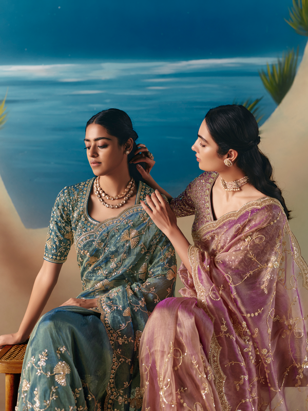 Teal Blue Designer Organza Silk Saree