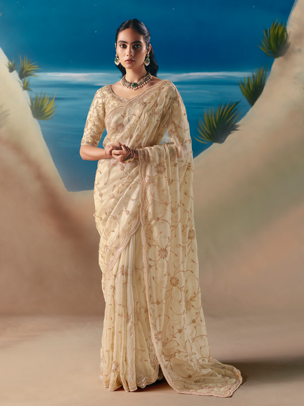 Ivory Designer Organza Silk Saree