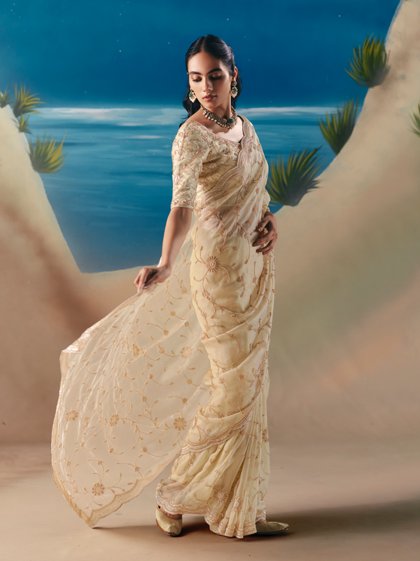 Ivory Designer Organza Silk Saree