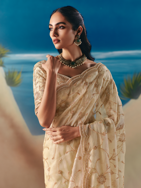 Ivory Designer Organza Silk Saree