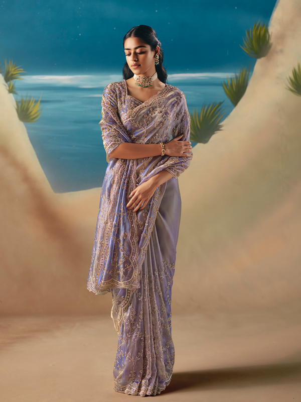 Lavender Designer Organza Silk Saree