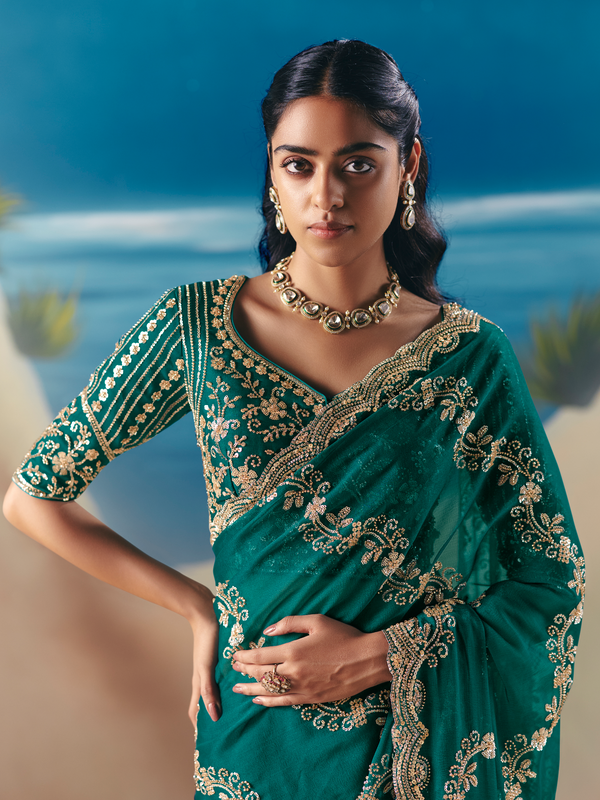 Emerald Green Designer Organza Silk Saree