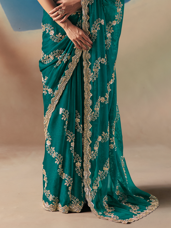 Emerald Green Designer Organza Silk Saree