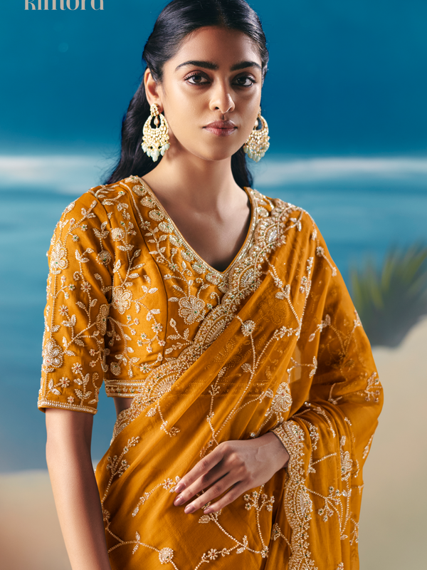 Mustard Yellow Designer Organza Silk Saree