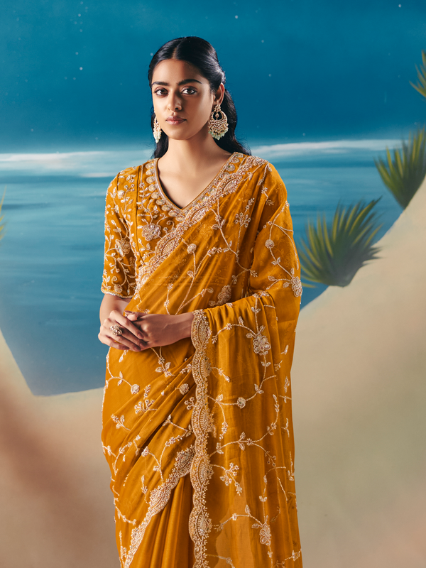 Mustard Yellow Designer Organza Silk Saree