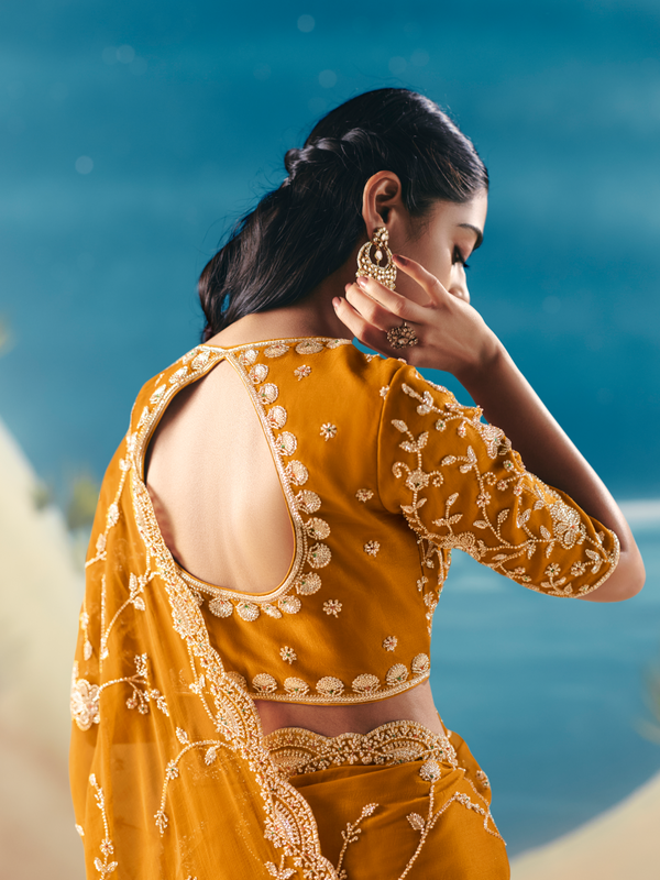 Mustard Yellow Designer Organza Silk Saree