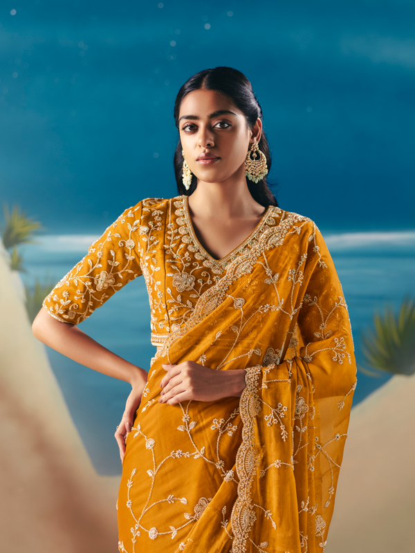 Mustard Yellow Designer Organza Silk Saree