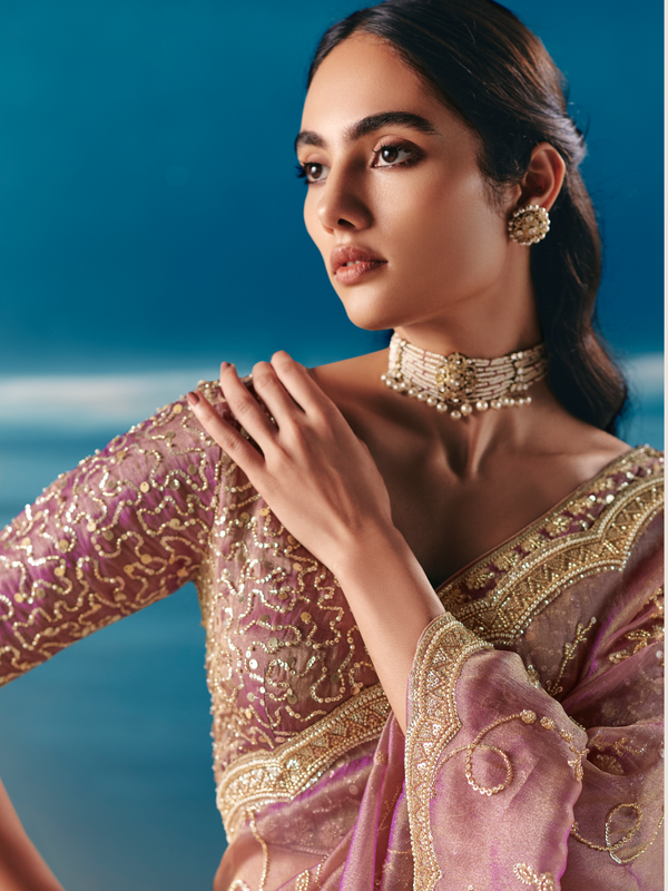 Dusty Pink Designer Organza Silk Saree