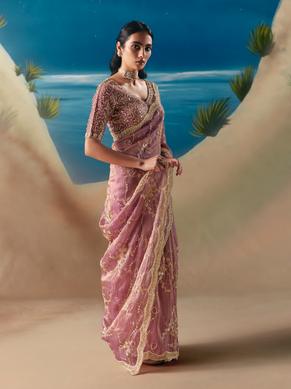 Dusty Pink Designer Organza Silk Saree