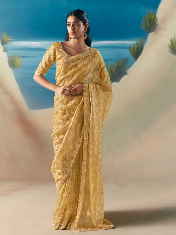 Golden Yellow Designer Organza Silk Saree