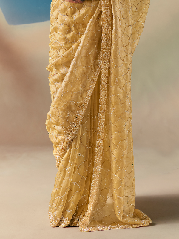 Golden Yellow Designer Organza Silk Saree