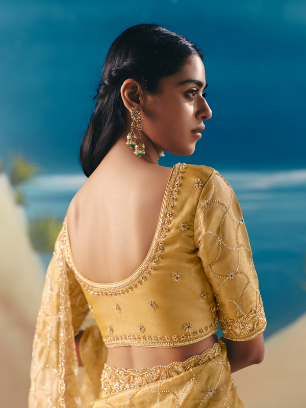 Golden Yellow Designer Organza Silk Saree