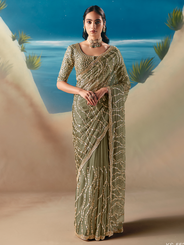 Sage Green Designer Organza Silk Saree